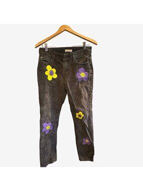 Cape Juby Corduroy Pants w/ Colorful Smiley Face Flower Patches Size 28/30 Gray
